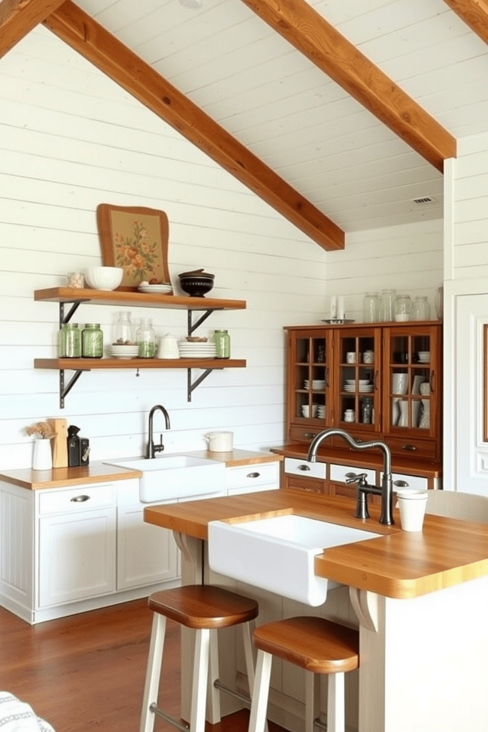 A cozy farmhouse kitchen featuring shiplap walls painted in a soft white hue. The space is enhanced by rustic wooden beams on the ceiling and a large farmhouse sink with a vintage-style faucet. The kitchen island is topped with a butcher block surface and surrounded by comfortable bar stools. Open shelving displays charming dishware and mason jars, adding to the warm and inviting atmosphere.