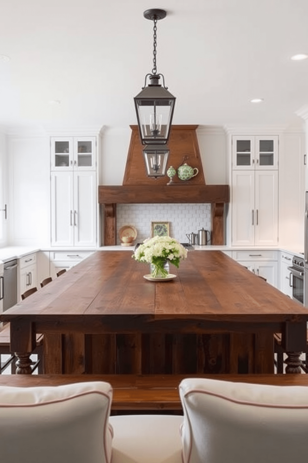 A large kitchen island serves as the centerpiece for gatherings, featuring a rustic wooden surface and ample seating. Surrounding the island, the farmhouse kitchen is adorned with white cabinetry, open shelves displaying dishware, and vintage-style light fixtures hanging above.