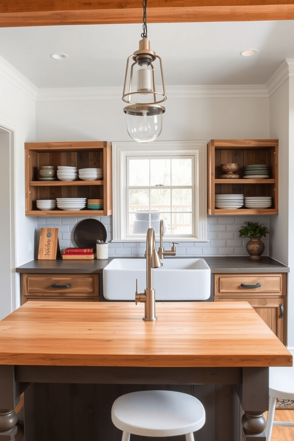 A charming farmhouse kitchen that blends modern and vintage decor. The space features a large farmhouse sink with a brushed nickel faucet, surrounded by reclaimed wood cabinets and open shelving displaying rustic dishware. A central island with a butcher block top provides additional workspace and seating. Pendant lights with a vintage finish hang above the island, illuminating the kitchen's warm, inviting atmosphere.