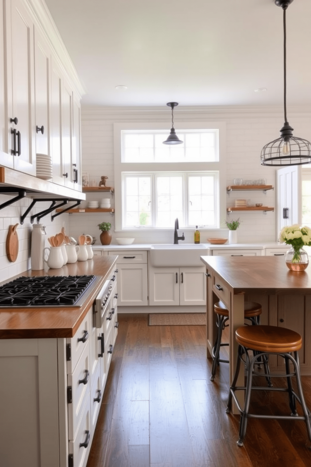 A charming farmhouse kitchen featuring white cabinets with dark hardware provides a warm and inviting atmosphere. The spacious layout includes a large farmhouse sink, a rustic wooden island, and open shelving displaying beautiful dishware and decor. Natural light floods the room through a large window above the sink, highlighting the contrasting tones of the cabinetry and the dark metal accents. A cozy seating area with vintage-style stools complements the overall aesthetic, creating a perfect space for family gatherings.