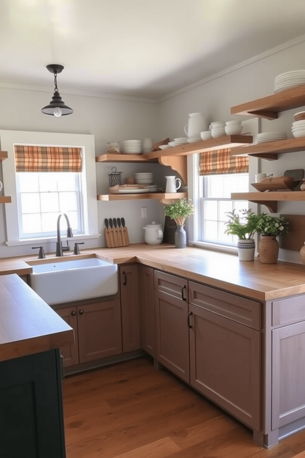 A cozy farmhouse kitchen featuring butcher block countertops that add warmth to the space. The kitchen is adorned with open shelving displaying rustic dishware and a large farmhouse sink beneath a window with natural light streaming in.