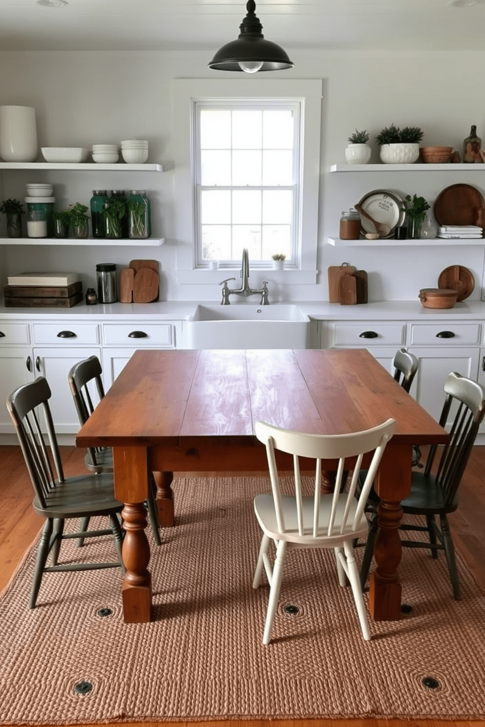 A charming farmhouse kitchen featuring a large wooden table as the centerpiece, surrounded by mismatched chairs that add character. The walls are painted in a soft white, with open shelving displaying rustic dishware and mason jars filled with herbs. Natural light floods the space through a large window above the sink, where a vintage faucet complements the farmhouse style. A woven rug lies beneath the table, enhancing the cozy atmosphere of this inviting kitchen.