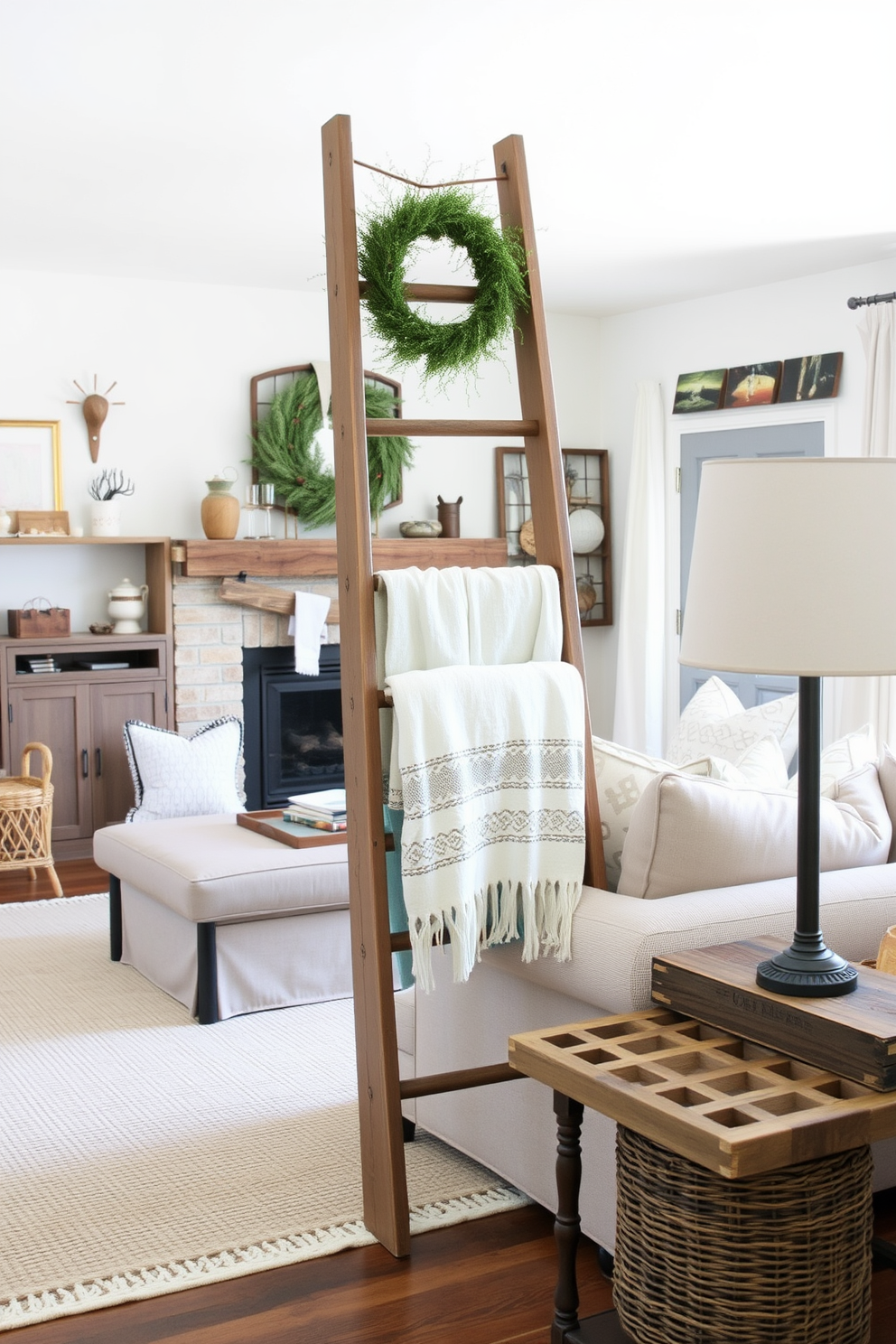 A cozy farmhouse living room featuring an antique wooden ladder used as a blanket holder. The space is adorned with soft, neutral-toned furnishings and rustic decor elements that create a warm and inviting atmosphere.