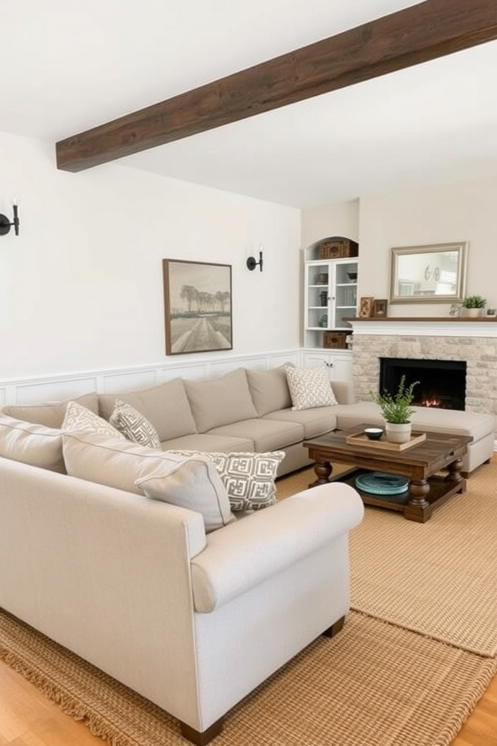 A cozy farmhouse living room featuring wall-mounted sconces that provide soft and inviting lighting. The space is adorned with a large, comfortable sectional sofa in a neutral fabric, complemented by a rustic wooden coffee table and a woven area rug.