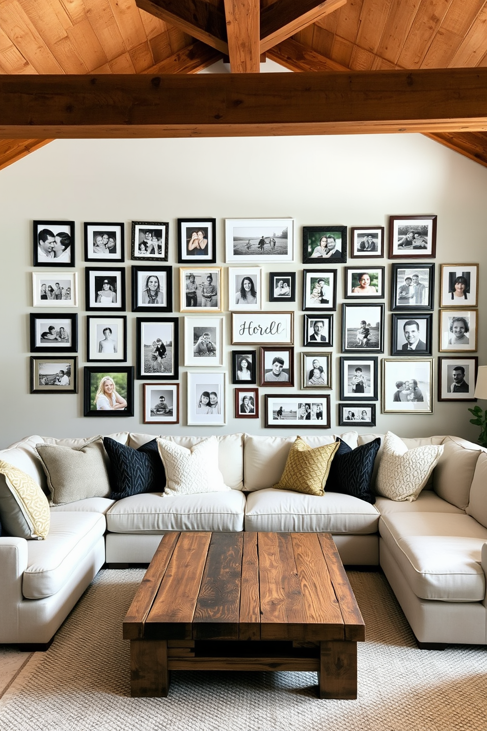 A gallery wall adorned with framed family photos in various sizes creates a warm and inviting atmosphere. The wall features a mix of black and white and colorful frames, arranged in a casual yet cohesive layout. The farmhouse living room showcases a cozy aesthetic with a large, plush sectional sofa in a neutral tone. Rustic wooden beams stretch across the ceiling, while a reclaimed wood coffee table sits at the center, surrounded by soft, textured throw pillows.