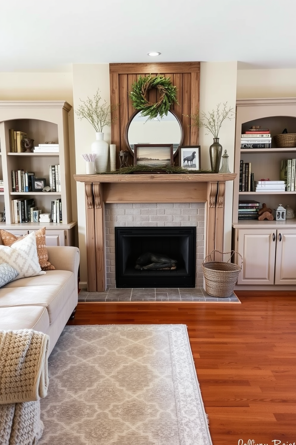 A cozy farmhouse living room featuring a distressed wood mantel adorned with rustic decor. The mantel is complemented by a large, inviting sofa with soft throw pillows and a woven blanket draped over the arm. On either side of the mantel, there are built-in bookshelves filled with a mix of books and decorative items. The walls are painted in a warm cream color, and a large area rug anchors the space, adding texture and warmth to the hardwood floor.