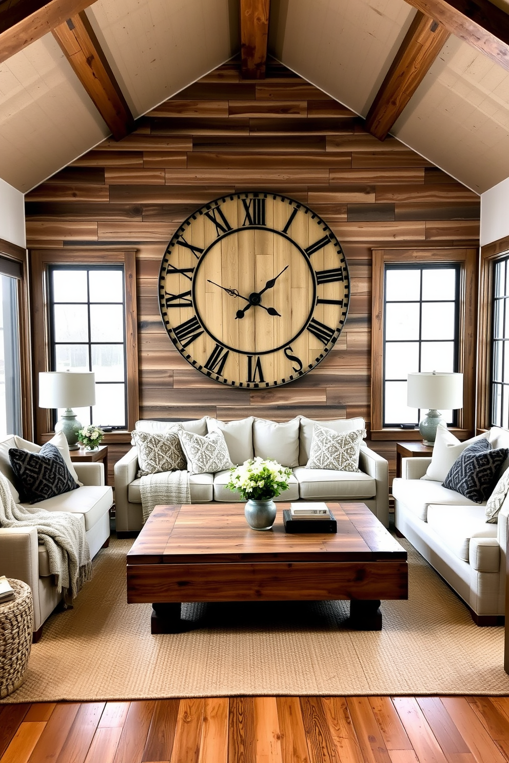 A cozy farmhouse living room featuring an oversized farmhouse clock as the focal point. The clock is mounted on a rustic wooden wall, surrounded by warm, neutral tones and comfortable furnishings. Plush, inviting sofas are arranged around a large coffee table made of reclaimed wood. Soft throw blankets and decorative pillows add texture, while large windows allow natural light to flood the space.