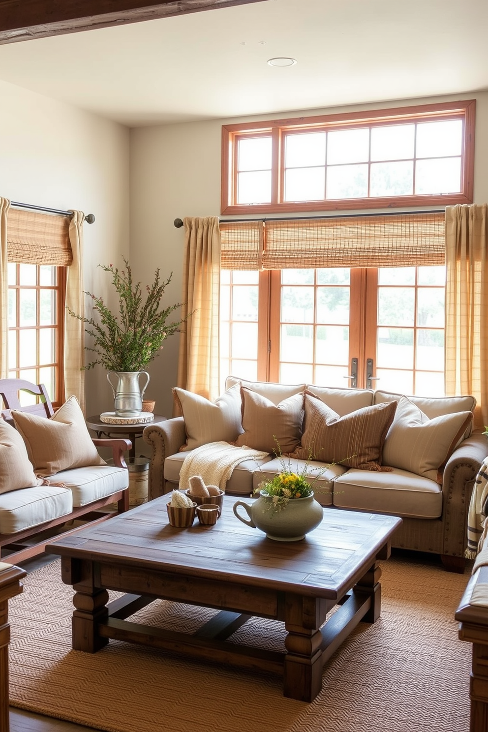 A cozy farmhouse living room features natural fiber curtains that gently filter sunlight, creating a warm and inviting atmosphere. The room is adorned with rustic wooden furniture, a large comfortable sofa, and a vintage coffee table, complemented by soft throw pillows in earthy tones.