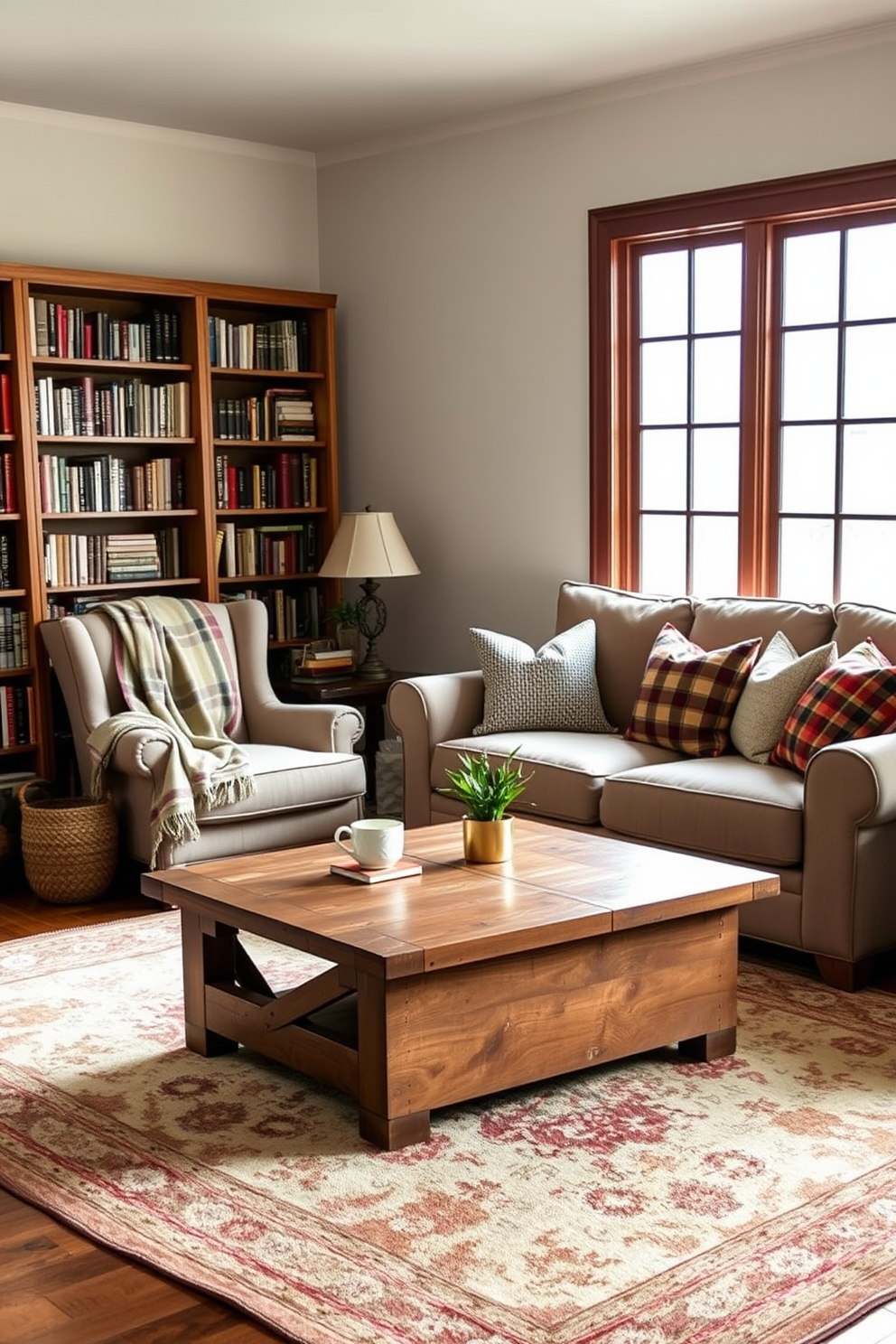 Cozy reading nook with bookshelves. A plush armchair is positioned next to a large window, with soft natural light pouring in. Surrounding the chair are tall wooden bookshelves filled with an array of colorful books. A small side table holds a steaming cup of tea and a cozy throw blanket drapes over the armchair. Farmhouse Living Room Design Ideas. The space features a large, comfortable sectional sofa adorned with plaid and textured pillows. A reclaimed wood coffee table sits in the center, complemented by a vintage area rug that adds warmth to the room.