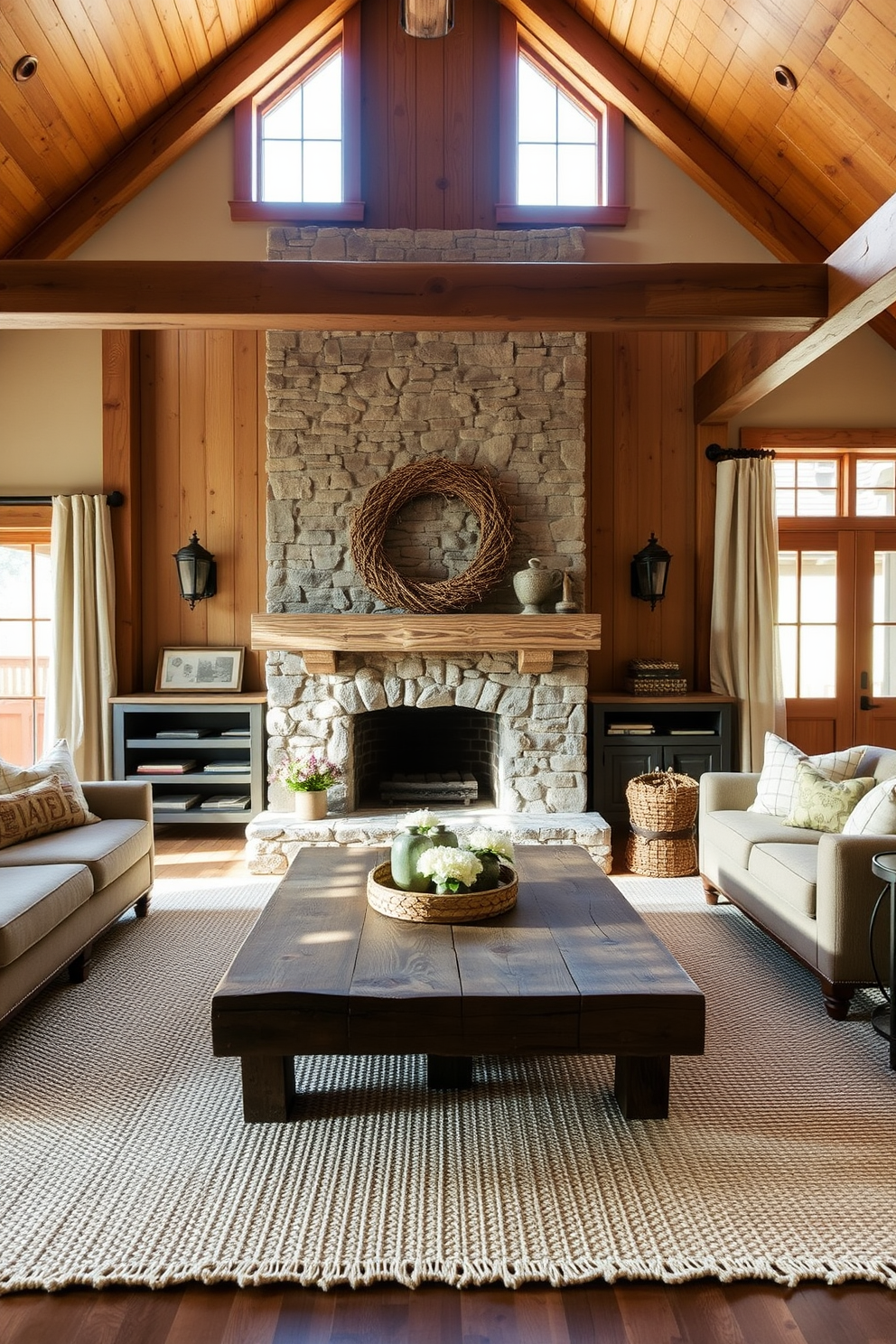 A rustic fireplace with a stone surround serves as the focal point of the farmhouse living room. The space is adorned with warm wooden beams overhead and cozy seating arranged around the hearth. Natural light floods in through large windows dressed with simple linen curtains. A reclaimed wood coffee table sits on a soft, woven area rug, complementing the earthy tones of the decor.