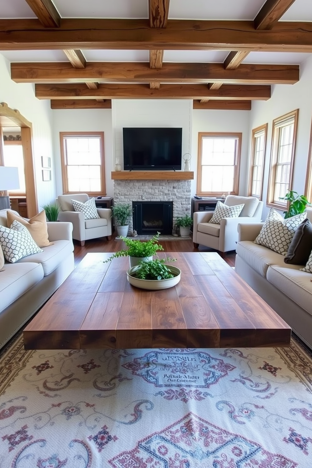 A reclaimed wood coffee table serves as the centerpiece of a cozy farmhouse living room. Surrounding the table are plush, neutral-colored sofas adorned with patterned throw pillows, creating an inviting atmosphere. The walls are painted in a soft white, complemented by rustic wooden beams that add warmth to the space. A large area rug with a subtle design anchors the seating area, while potted plants bring a touch of greenery to the room.