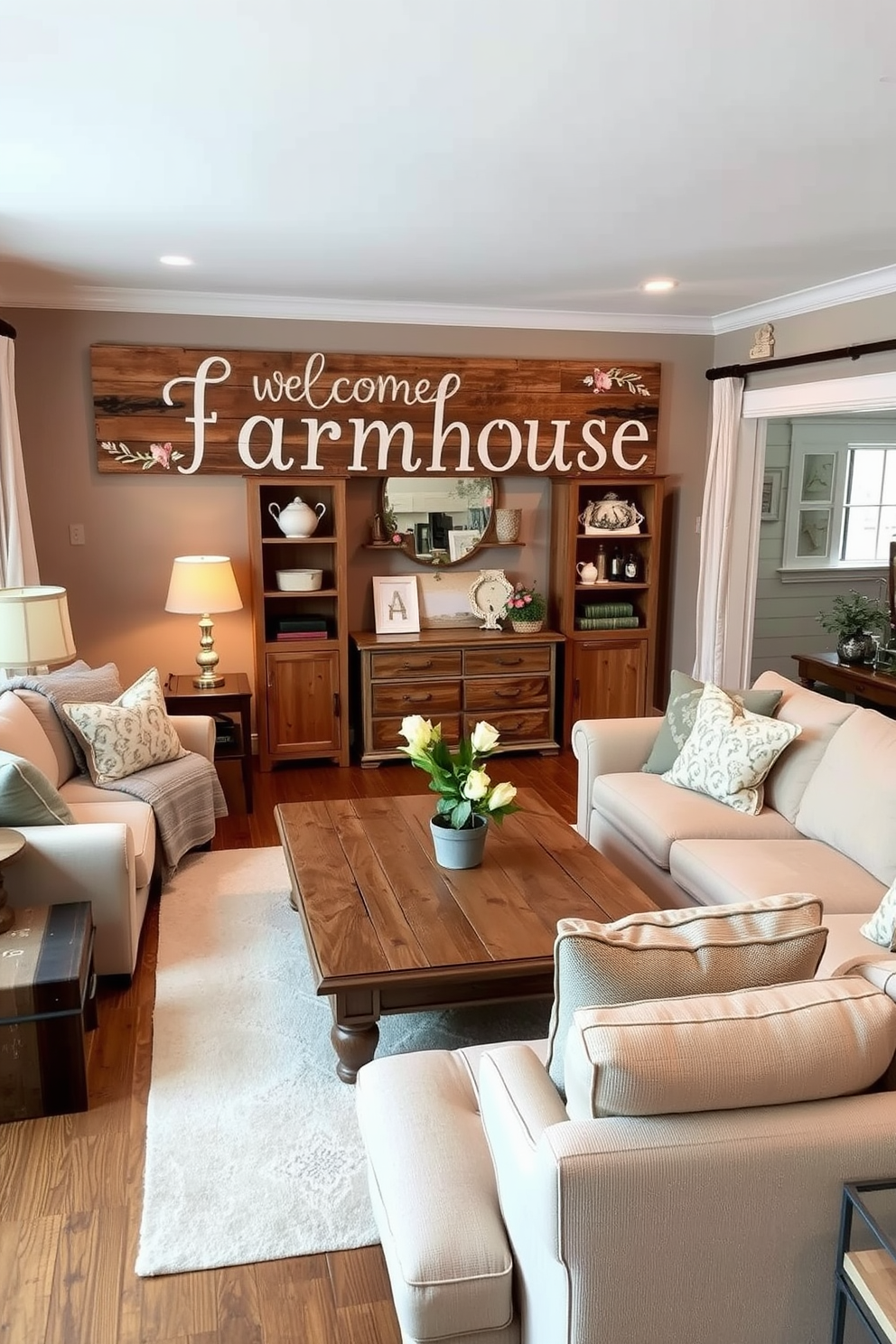 A charming farmhouse sign welcomes guests with a rustic wooden finish and hand-painted letters. The sign is adorned with subtle floral accents, enhancing the inviting atmosphere of the space. The living room features a cozy arrangement of a large, comfortable sectional sofa in soft beige fabric. A reclaimed wood coffee table sits in the center, surrounded by vintage-inspired decor and warm, ambient lighting.