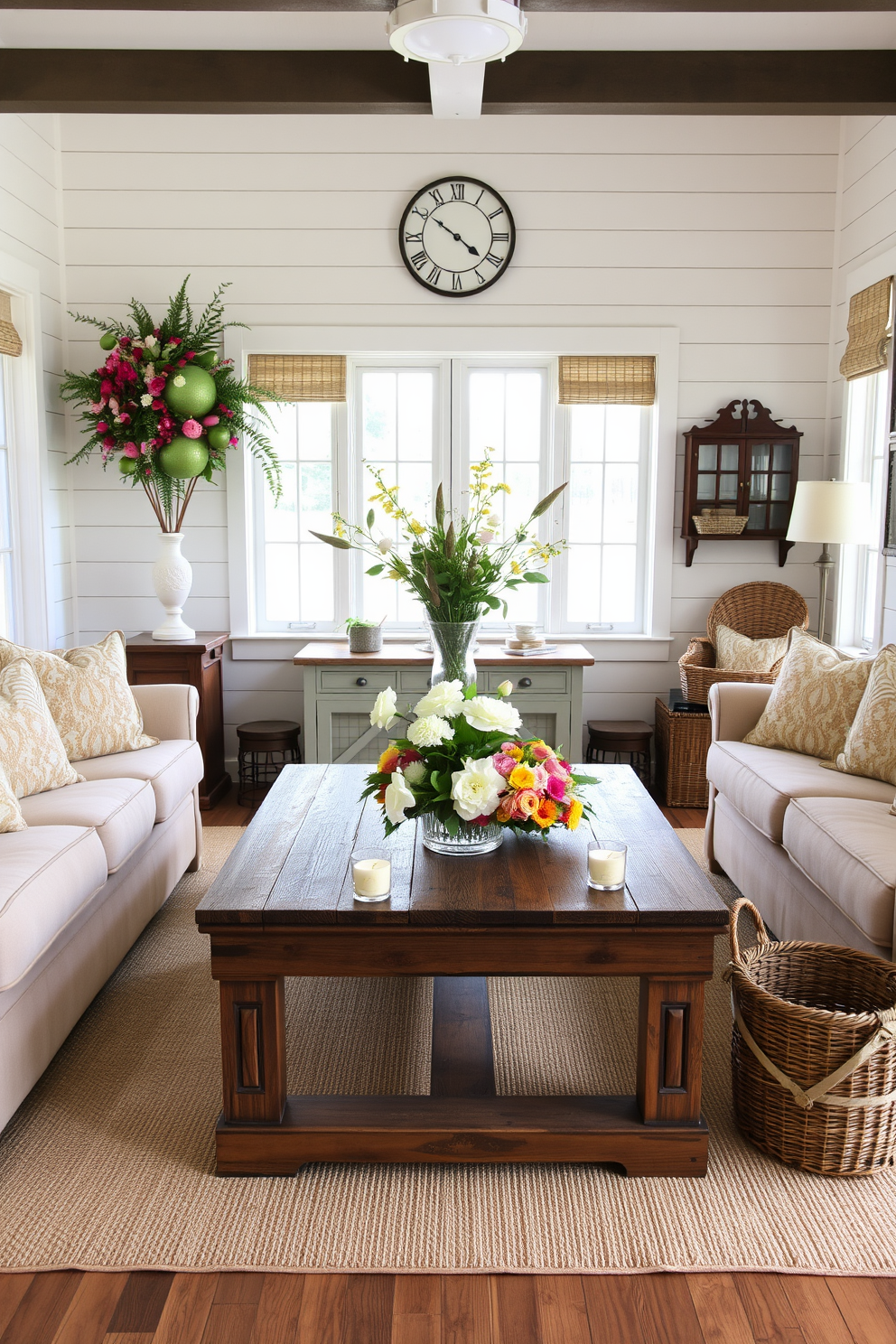 Bright floral arrangements bring a sense of freshness and vibrancy to the space. A rustic wooden coffee table sits in the center, surrounded by comfortable upholstered sofas in soft neutrals. The walls are adorned with shiplap, providing a cozy farmhouse aesthetic. Vintage-inspired decor elements, such as an antique clock and woven baskets, add character to the room.