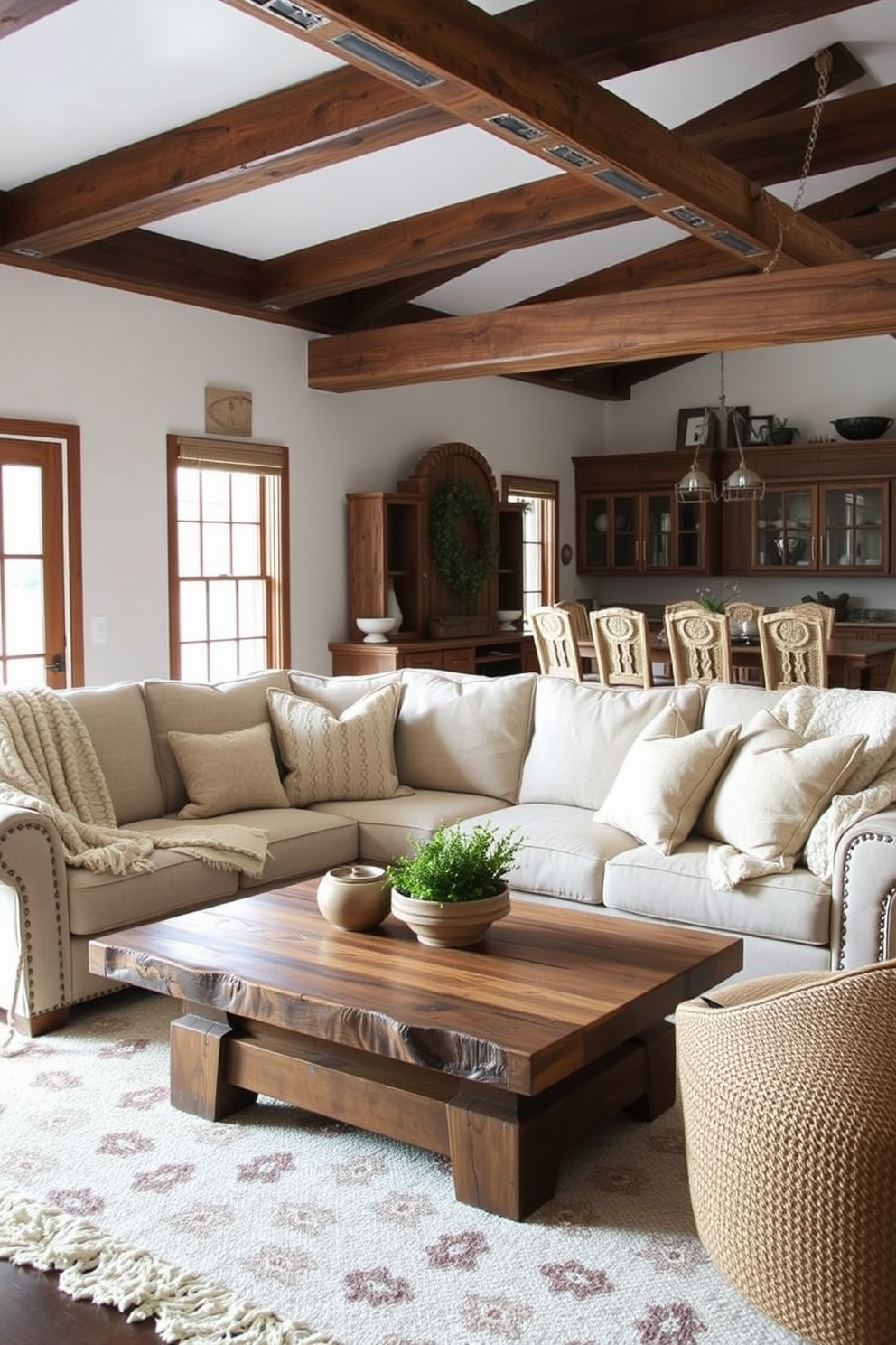 A cozy farmhouse living room features a large, inviting sofa adorned with textured throw blankets in soft, neutral tones. The room is complemented by rustic wooden accents, such as a reclaimed coffee table and exposed beam ceilings, creating a warm and welcoming atmosphere.