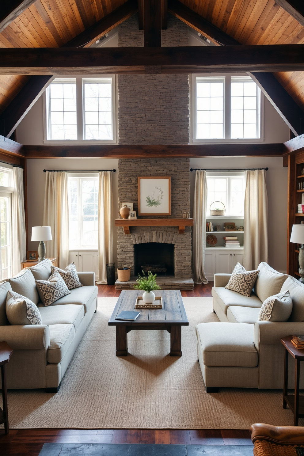 A cozy farmhouse living room featuring exposed wooden beams that add architectural interest to the space. The room is adorned with a large, comfortable sectional sofa in a neutral fabric, complemented by a rustic wooden coffee table in the center. Natural light floods the room through large windows dressed in simple linen curtains. A stone fireplace serves as a focal point, surrounded by built-in shelves filled with books and decorative items.