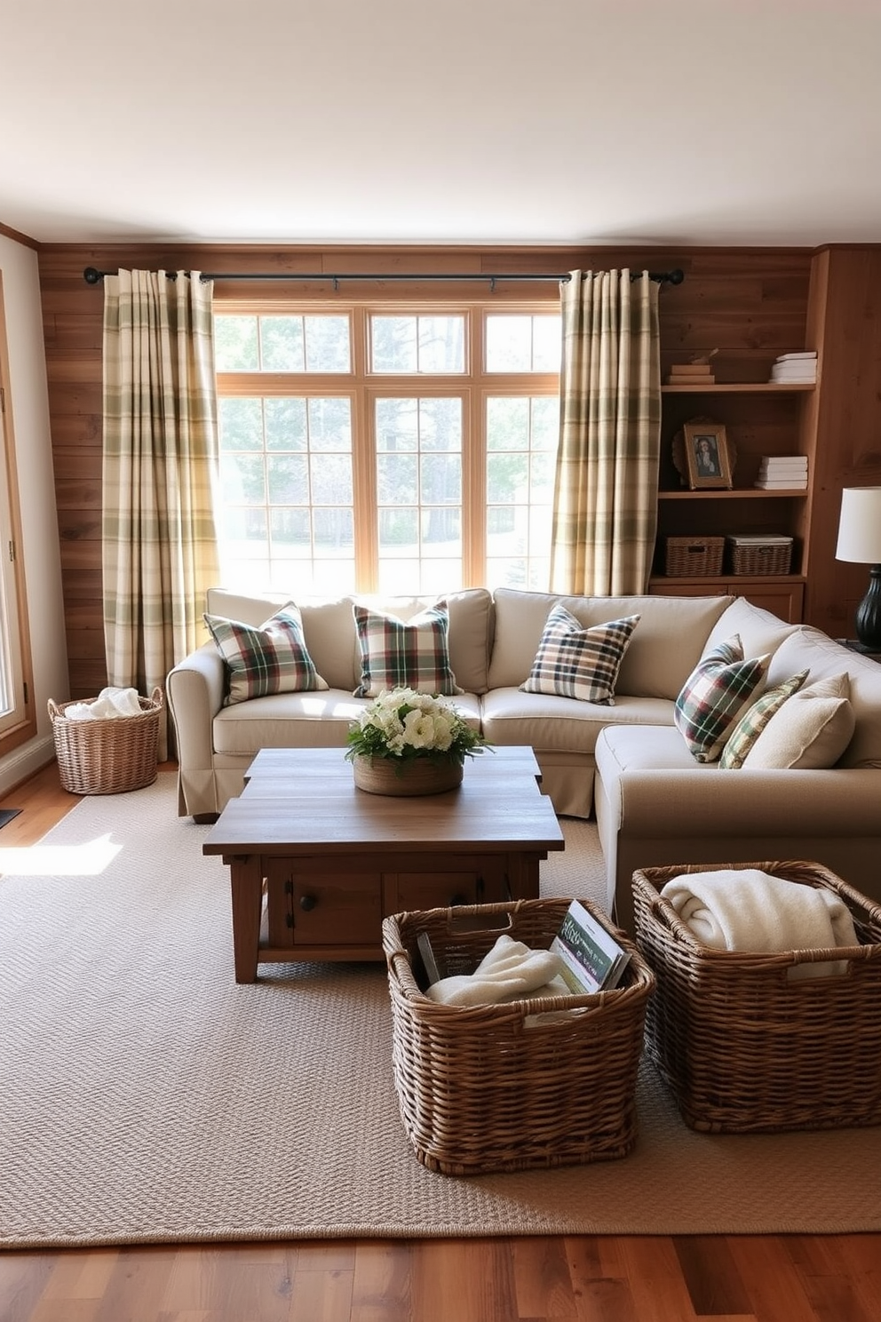 A cozy farmhouse living room featuring woven baskets for organized storage. The room includes a large, comfortable sectional sofa adorned with plaid throw pillows and a rustic wooden coffee table at the center. Natural light floods in through large windows dressed with sheer curtains, enhancing the warm tones of the wood accents. A textured area rug anchors the space, while decorative woven baskets are strategically placed to hold blankets and magazines, adding both functionality and charm.