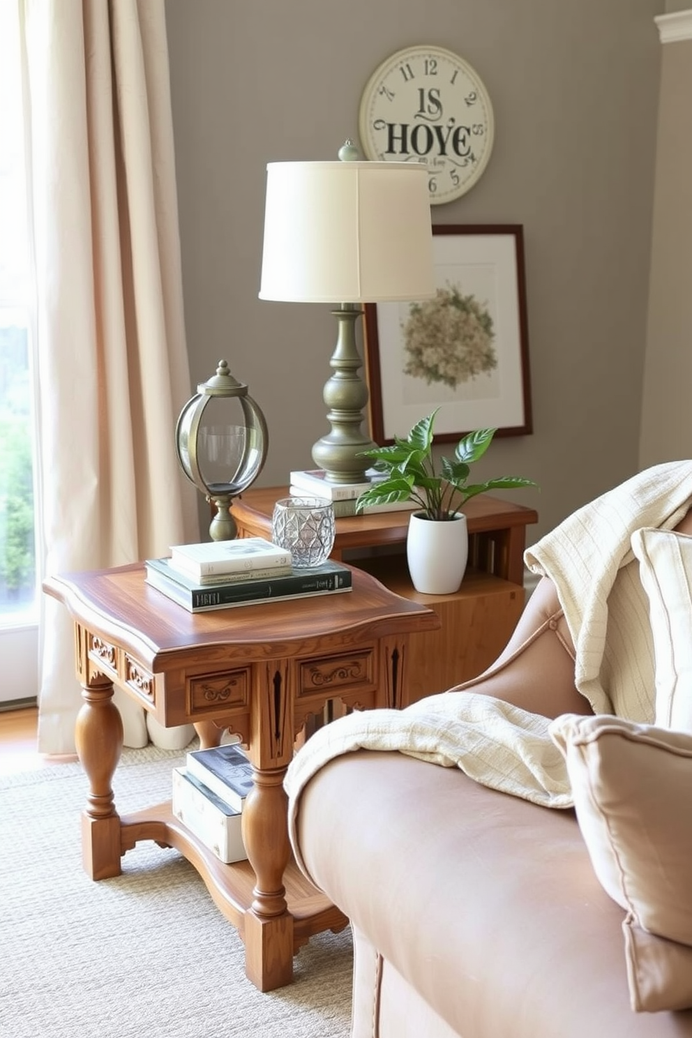 Chic farmhouse side table accents create a warm and inviting atmosphere in the living room. The side tables are made of reclaimed wood, featuring intricate carvings and a distressed finish that adds character. The tabletop displays a mix of decorative items, including a vintage lamp and a small potted plant. Soft, neutral-colored linens drape over the nearby sofa, complementing the rustic charm of the space.