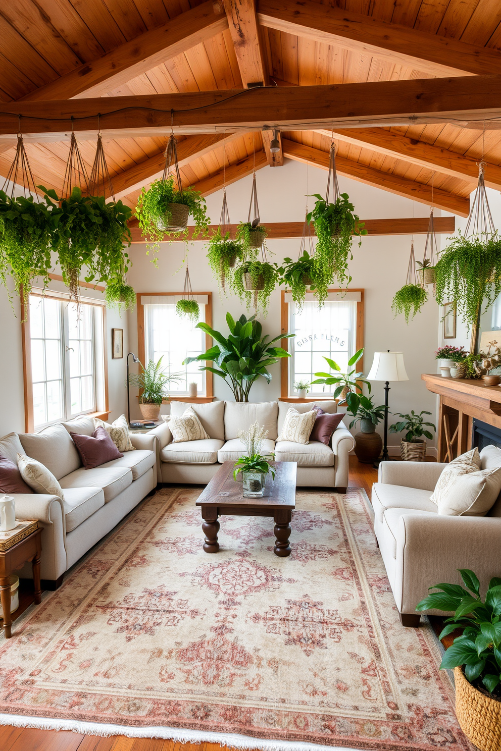 A cozy farmhouse living room adorned with hanging plants that bring a touch of greenery to the space. The room features a large, comfortable sectional sofa in a soft beige fabric and a rustic wooden coffee table at its center. Exposed wooden beams stretch across the ceiling, adding warmth and character. A vintage rug with muted colors anchors the seating area, while potted plants are strategically placed near the windows to enhance the natural light.