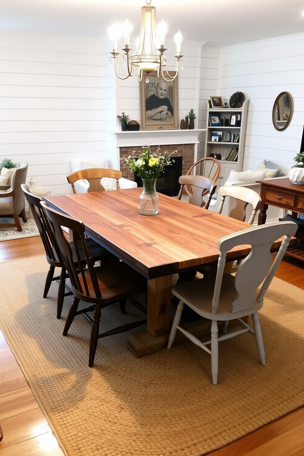 Rustic dining table made of reclaimed wood sits in a cozy living area. Surrounding the table are mismatched chairs, each with its own unique character, creating an inviting atmosphere. The walls are adorned with shiplap, painted in a soft white hue, complementing the warm tones of the wood. A large woven rug anchors the space, while a vintage chandelier hangs above the table, adding a touch of charm.