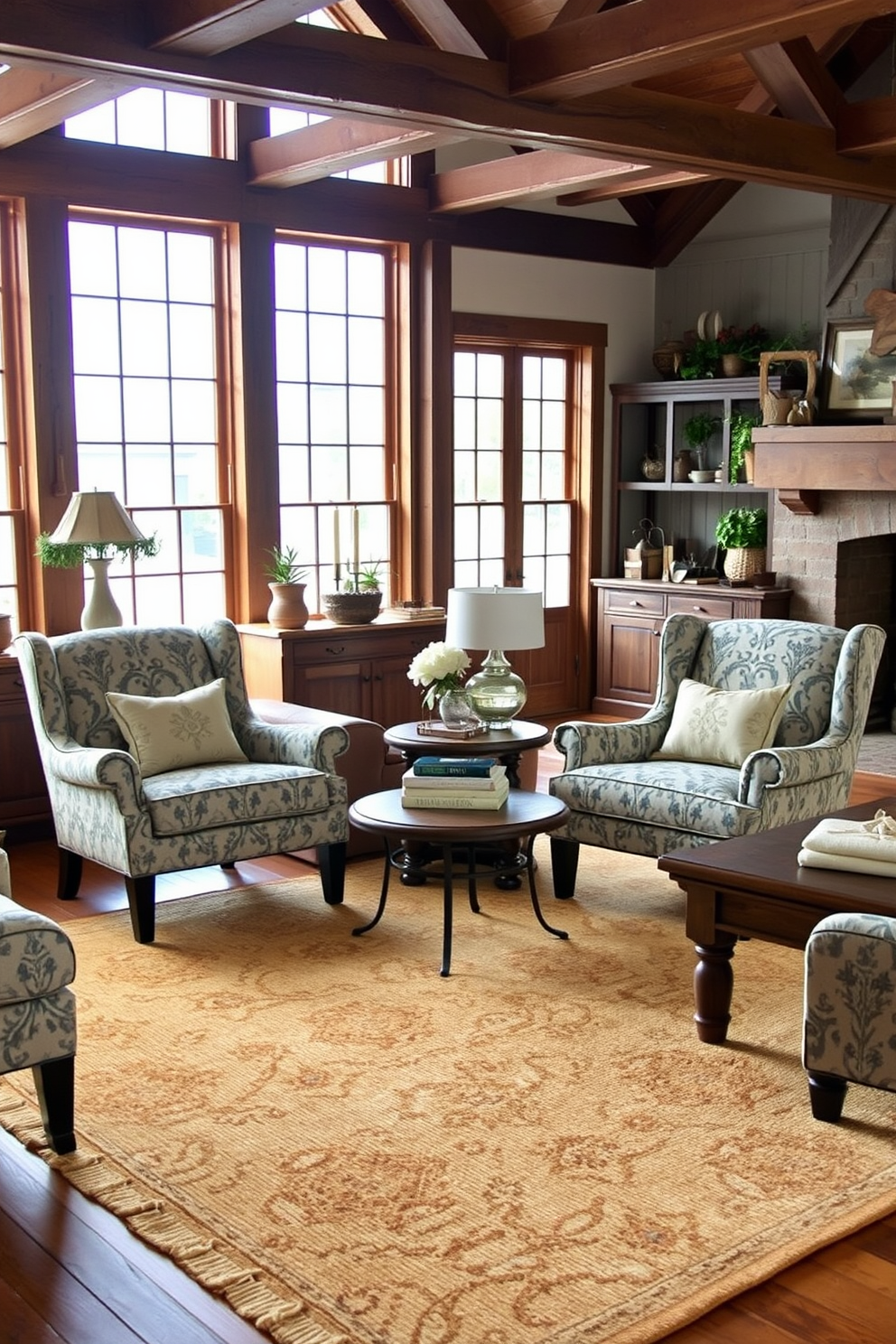 Stylish accent chairs with intricate patterns are placed in a cozy farmhouse living room. The chairs are upholstered in soft fabrics that complement the rustic wooden furniture and the warm earth tones of the decor. A large, inviting area rug anchors the seating arrangement, adding texture and comfort to the space. Natural light floods in through large windows, highlighting the charming blend of vintage and modern elements throughout the room.