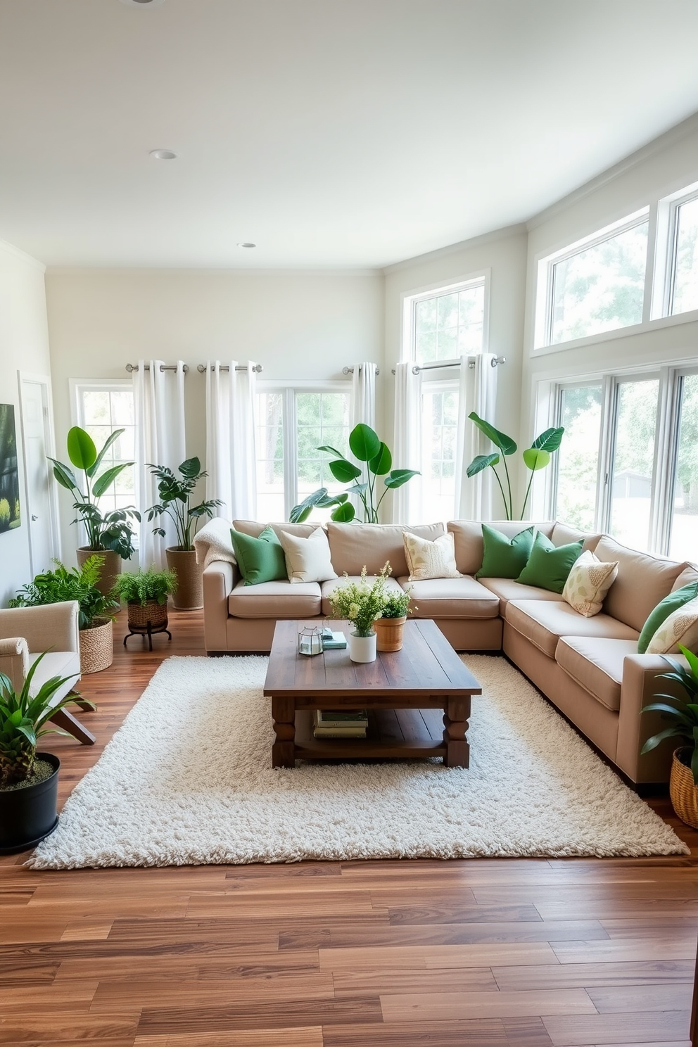 A cozy farmhouse living room featuring a neutral color palette with pops of green. The space includes a large, comfortable sectional sofa adorned with green and beige throw pillows, complemented by a rustic wooden coffee table at the center. Natural light floods the room through large windows dressed with simple white curtains. A plush area rug in soft cream tones anchors the seating area, while potted plants add vibrant greenery throughout the space.