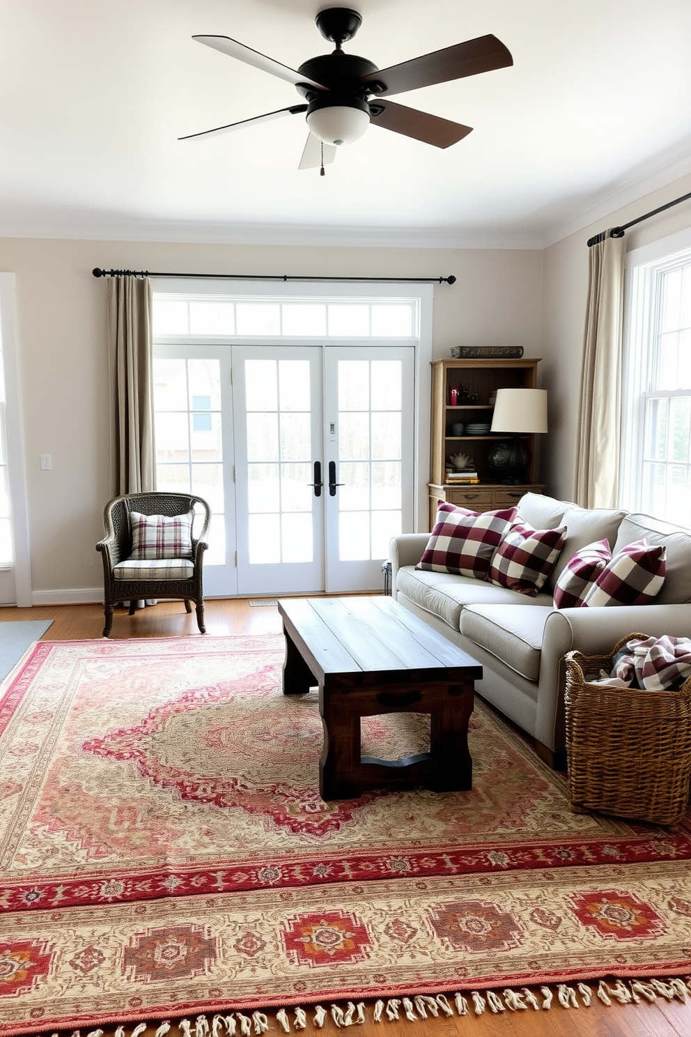 A cozy farmhouse living room featuring layered rugs that add warmth and texture. The space includes a large, inviting sofa adorned with plaid throw pillows, complemented by a rustic coffee table made of reclaimed wood. Natural light floods the room through large windows, illuminating the soft, neutral color palette of the walls. A vintage armchair sits in the corner, inviting relaxation alongside a woven basket filled with blankets.