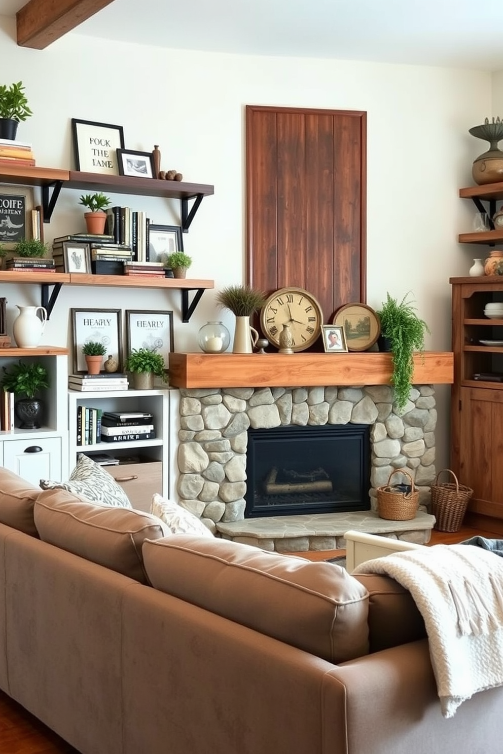 A cozy farmhouse living room features open shelving on the walls, showcasing a curated selection of decor items like vintage books, potted plants, and rustic knick-knacks. The shelves are made of reclaimed wood, adding warmth and character to the space, while a plush sectional sofa invites relaxation in front of a stone fireplace.