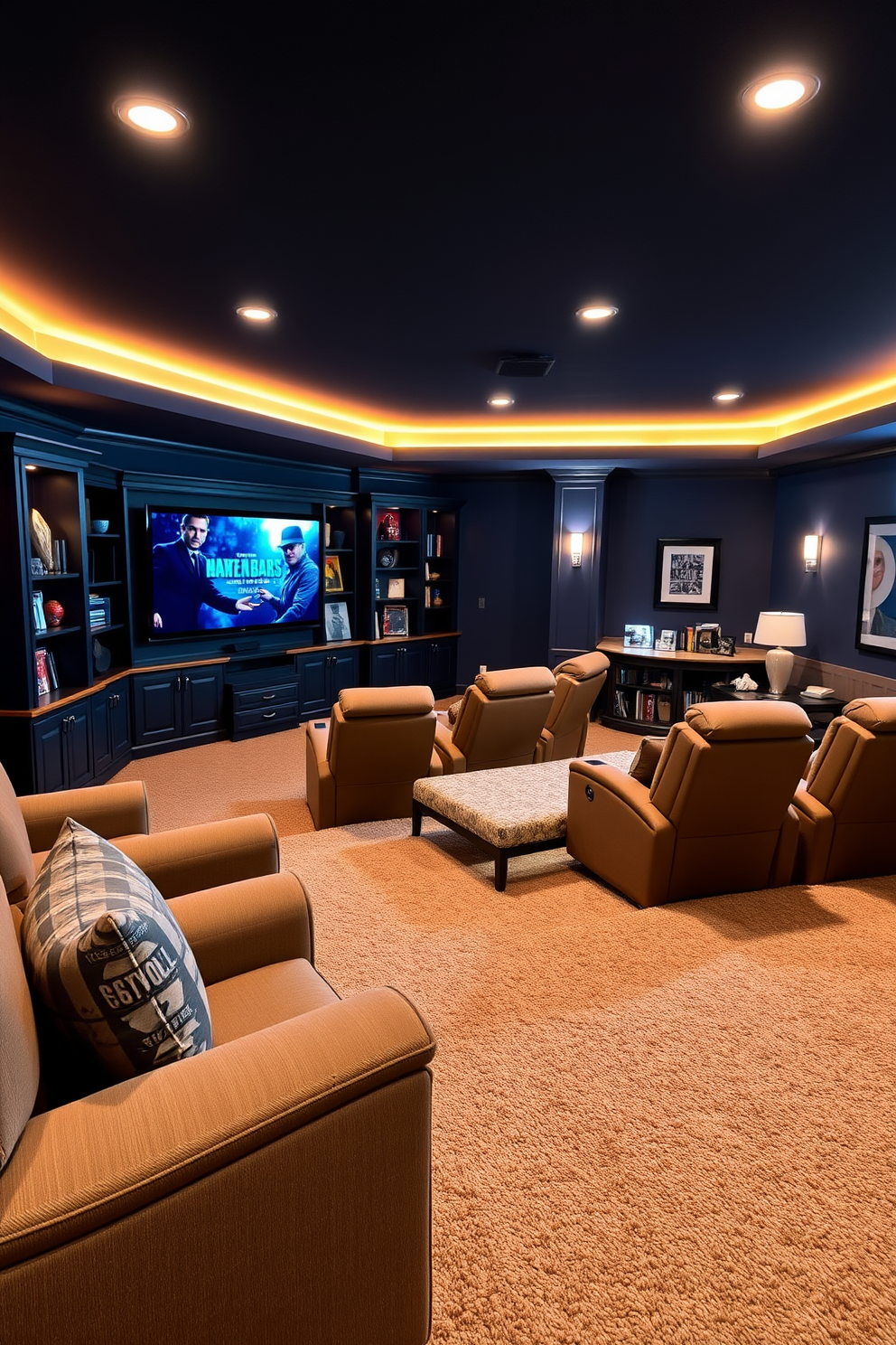 Cozy home theater with plush seating. The walls are painted in a deep navy blue, and soft ambient lighting creates a warm atmosphere. A large screen is mounted on the front wall, flanked by built-in shelves filled with movies and memorabilia. The seating consists of oversized recliners arranged in tiered levels, with a thick, luxurious carpet underfoot. Finished basement design ideas. The space features an open layout with a cozy lounge area and a small kitchenette. Natural light filters in through egress windows, and the walls are painted in a light gray to enhance the brightness. A combination of comfortable furniture and stylish decor creates an inviting atmosphere for relaxation and entertainment.