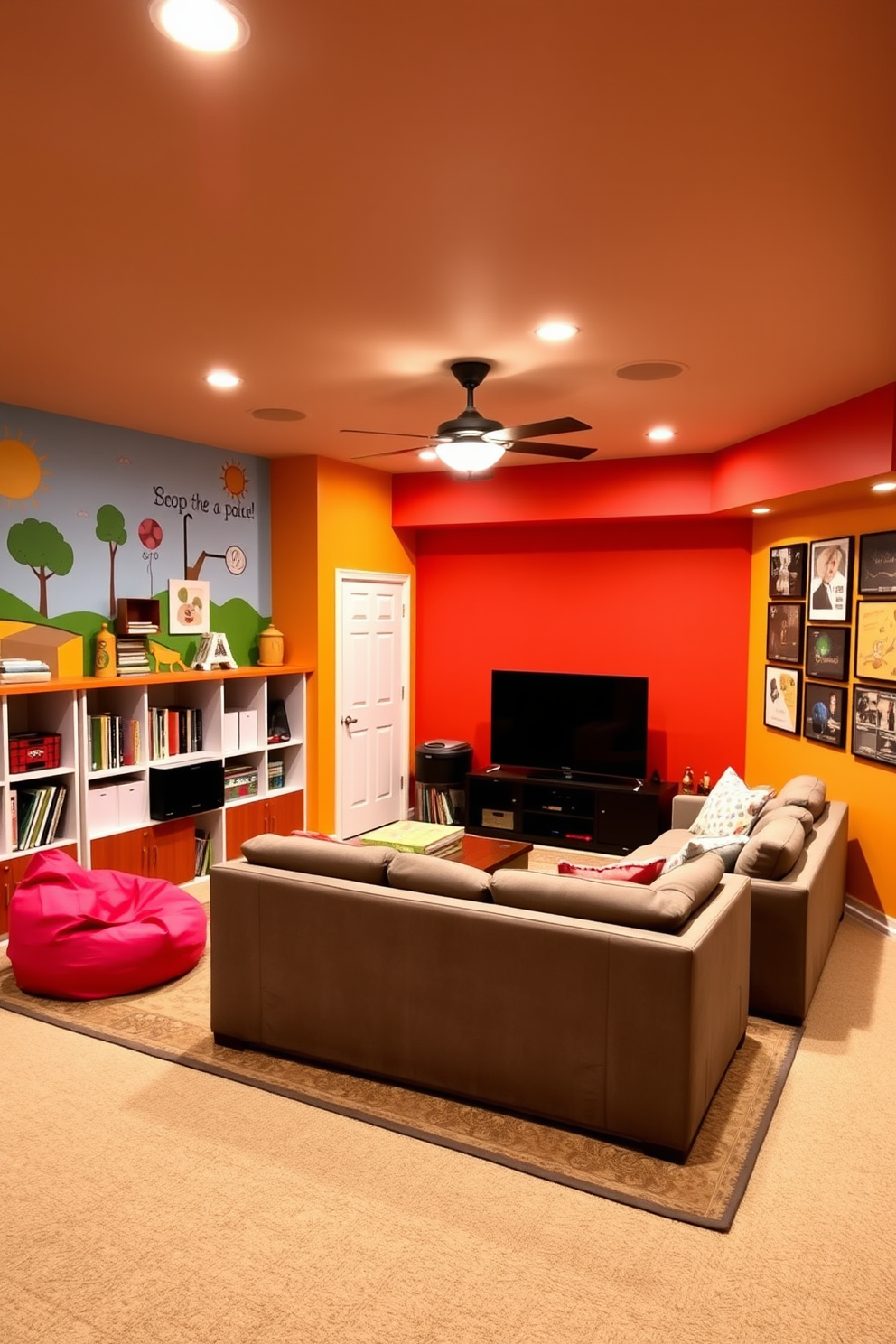 A vibrant playroom filled with colorful decor. The walls are painted in bright hues, featuring playful murals and artwork that inspire creativity. In one corner, there is a cozy reading nook with bean bags and shelves stocked with books. A large rug covers the floor, providing a soft space for children to play and explore their imagination. A finished basement designed for relaxation and entertainment. The space includes a comfortable sectional sofa facing a large flat-screen TV, surrounded by soft lighting and warm colors. A small kitchenette area is tucked away, complete with a mini fridge and snack bar. The walls are adorned with framed posters, creating an inviting atmosphere for gatherings and movie nights.