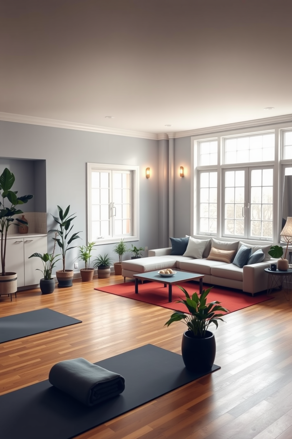 A relaxing yoga studio with soft lighting features bamboo flooring and large windows that allow natural light to flow in. The walls are painted in a calming light blue, and there are several potted plants placed around the room to enhance the tranquil atmosphere. The finished basement design includes an open layout with a cozy seating area featuring a sectional sofa and a sleek coffee table. Soft, warm lighting fixtures are strategically placed to create a welcoming ambiance, and a small kitchenette is tucked away in one corner for convenience.