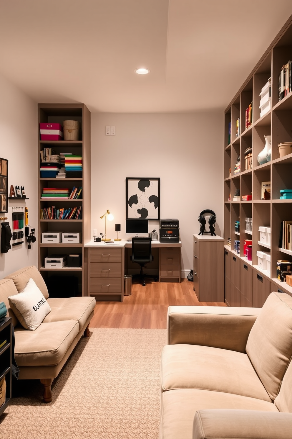 A sleek craft room featuring organized storage solutions. The walls are painted in a soft white, and built-in shelving units display colorful craft supplies and tools. The finished basement is designed as a multifunctional space. It includes a cozy seating area with plush sofas, a small kitchenette, and ambient lighting that creates a warm atmosphere.