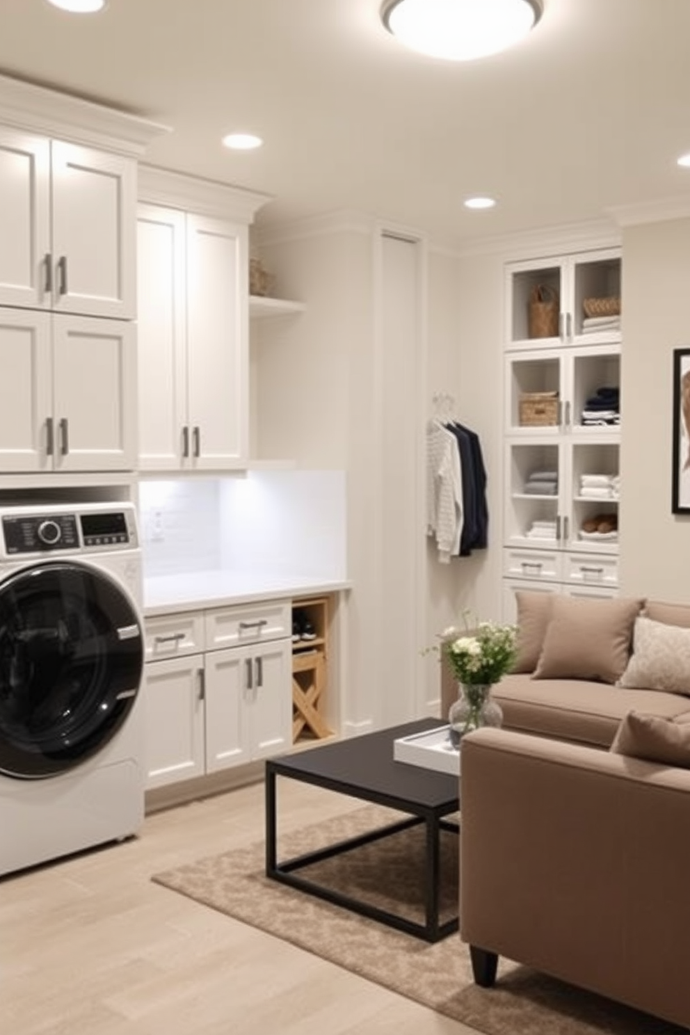 Bright laundry room with functional design. The space features ample cabinetry in a crisp white finish and a large countertop for folding clothes. Finished basement design ideas. The area includes a cozy seating arrangement with plush sofas and a stylish coffee table, complemented by soft lighting and warm color tones.