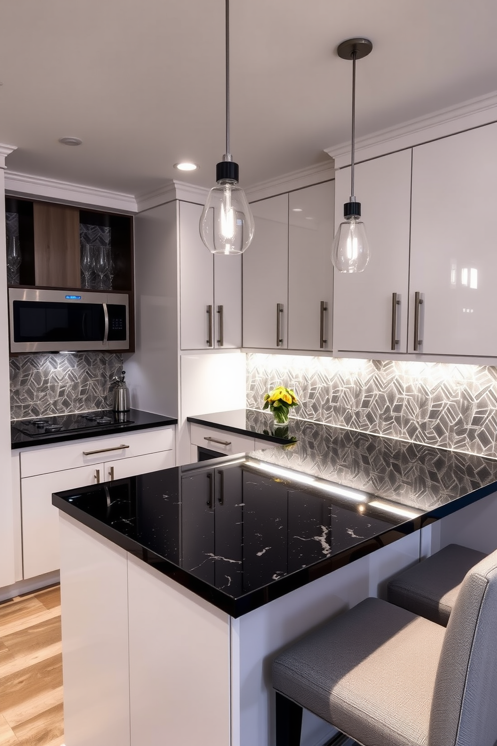 A contemporary kitchenette with sleek finishes. The cabinetry features high-gloss white doors with minimalist handles, and the countertop is a polished black granite with subtle veining. The backsplash is a geometric tile pattern in shades of grey and white. A modern island with bar seating is positioned in the center, adorned with stylish pendant lights overhead. Finished basement design ideas that maximize space and comfort. The area includes a cozy lounge with plush seating, a wet bar with elegant shelving, and ambient lighting that creates a warm atmosphere.