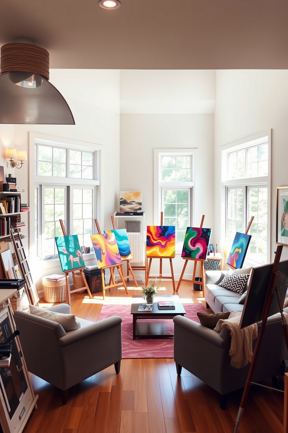 Art studio with natural light and easels. The space features large windows that allow sunlight to flood in, illuminating the room filled with various art supplies. The walls are painted in a soft white to enhance brightness, while the floor is a warm hardwood that adds a cozy touch. Several easels are positioned throughout the studio, each showcasing vibrant canvases in progress. Finished Basement Design Ideas. The basement is transformed into a multifunctional space, combining a cozy lounge area with a home theater setup. Soft lighting fixtures create an inviting atmosphere, while plush seating and a stylish coffee table make it perfect for relaxation and entertainment.