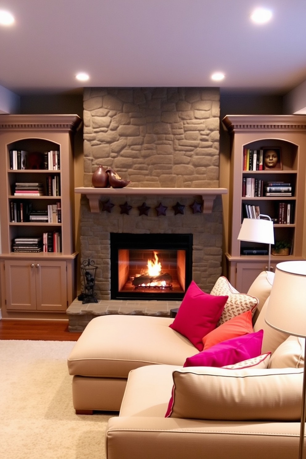 A cozy finished basement featuring a warm fireplace as the focal point. The fireplace is surrounded by a stone mantel and flanked by built-in shelves filled with books and decorative items. The seating area includes a plush sectional sofa in neutral tones with colorful throw pillows. Soft lighting from stylish floor lamps creates an inviting atmosphere for relaxation and entertainment.