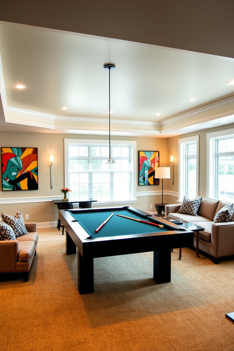 A bright game room features a sleek pool table at the center, surrounded by comfortable seating and vibrant artwork on the walls. Large windows allow natural light to flood the space, enhancing the cheerful atmosphere and inviting casual gatherings. The finished basement design includes a cozy lounge area with plush sofas and a stylish bar counter for entertaining guests. Warm lighting fixtures create an inviting ambiance, while decorative elements reflect a modern aesthetic that complements the overall design.