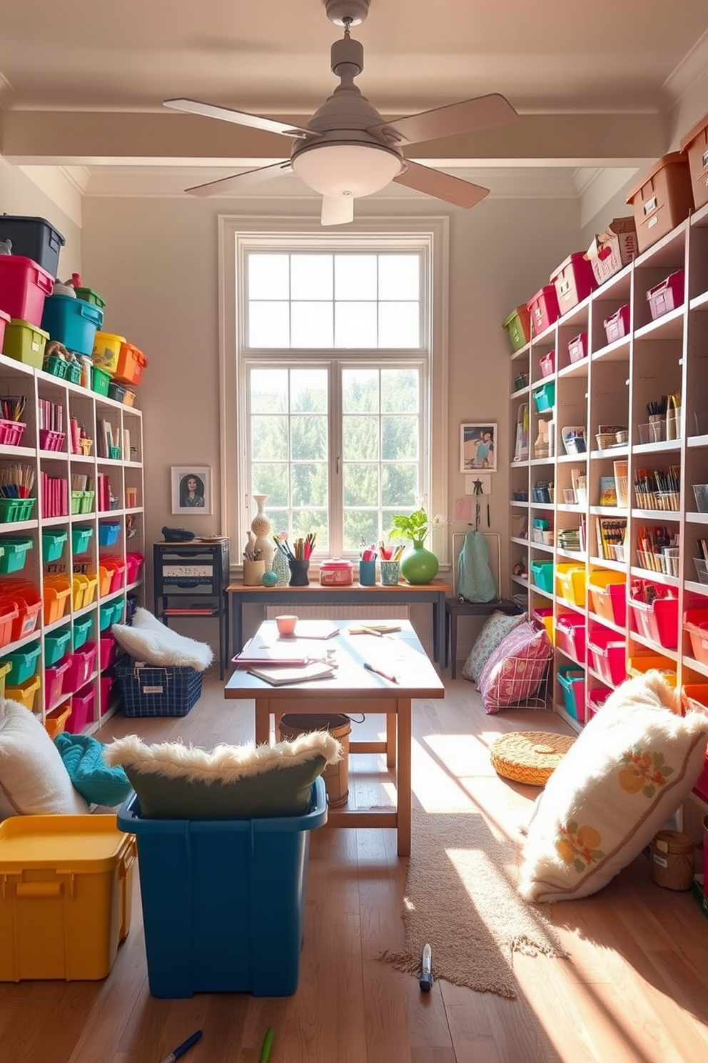 A bright and inviting multipurpose space for hobbies and crafts. The room features a large work table surrounded by colorful storage bins and shelves filled with art supplies and tools. Natural light floods in through a large window, illuminating the space with warmth. Cozy seating areas with plush cushions are arranged for relaxation and inspiration.