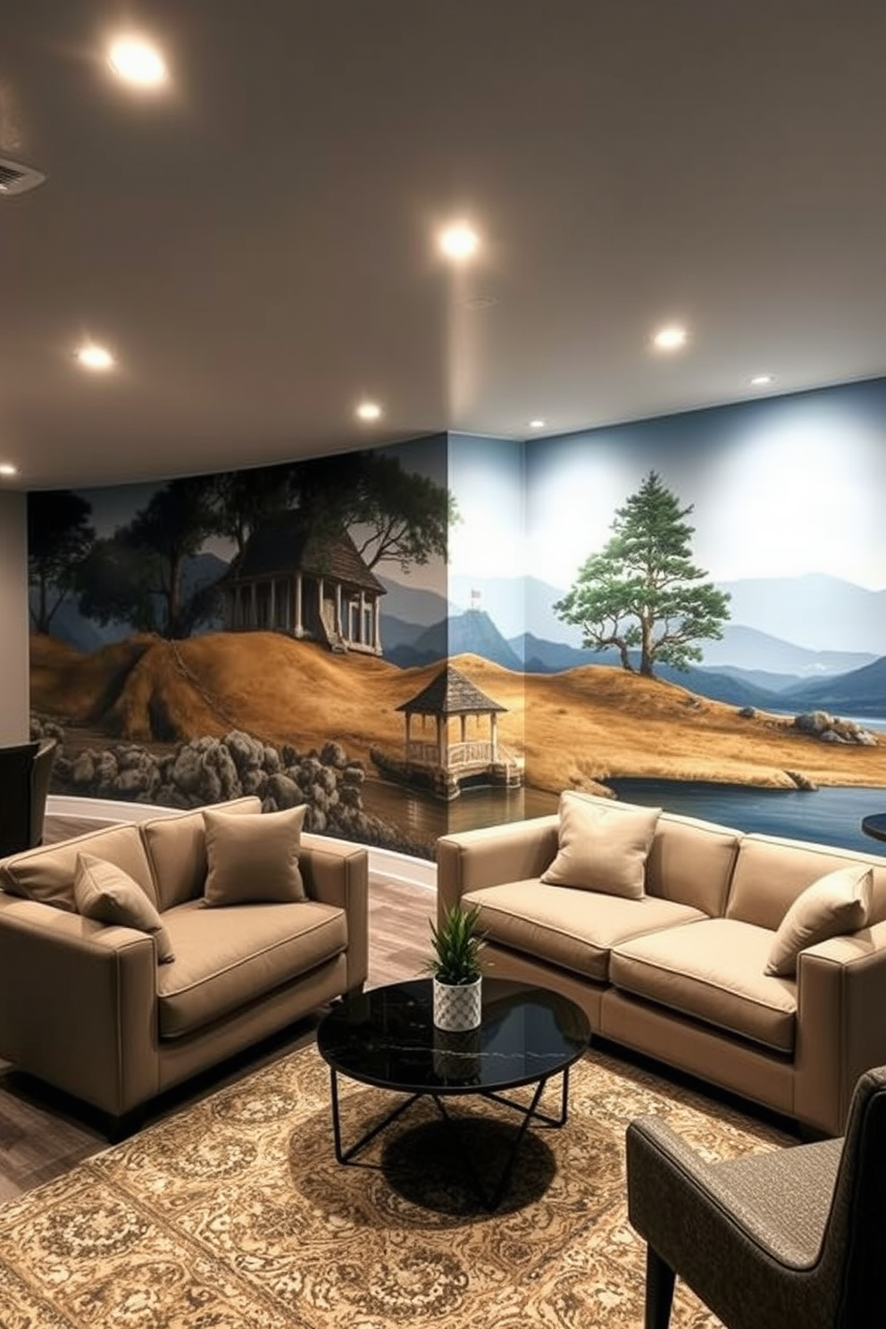 A stunning finished basement features a unique mural that serves as a focal point. The mural depicts a serene landscape, bringing a sense of tranquility to the space. The basement is designed with cozy seating areas, including a plush sectional sofa and a modern coffee table. Soft lighting fixtures create a warm ambiance, enhancing the inviting atmosphere of the room.