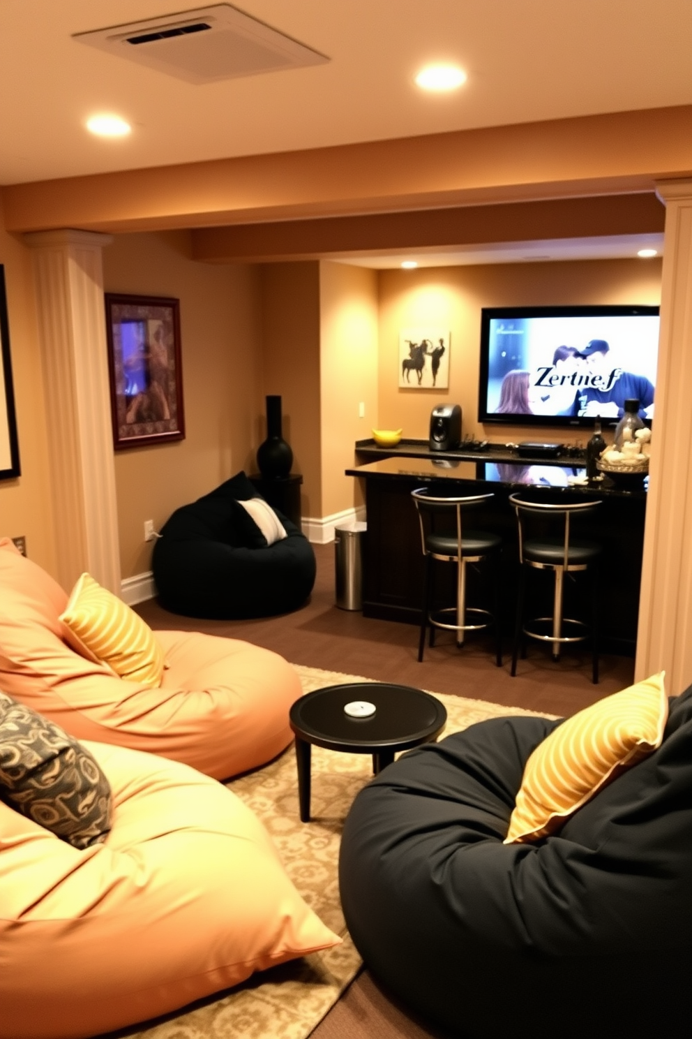 Cozy corner with bean bags and cushions. The space features a soft rug underfoot, warm lighting, and a small side table for drinks, creating an inviting atmosphere. Finished basement design ideas. The area includes a comfortable seating arrangement, a home theater setup with a large screen, and a bar area with stylish stools for entertainment.