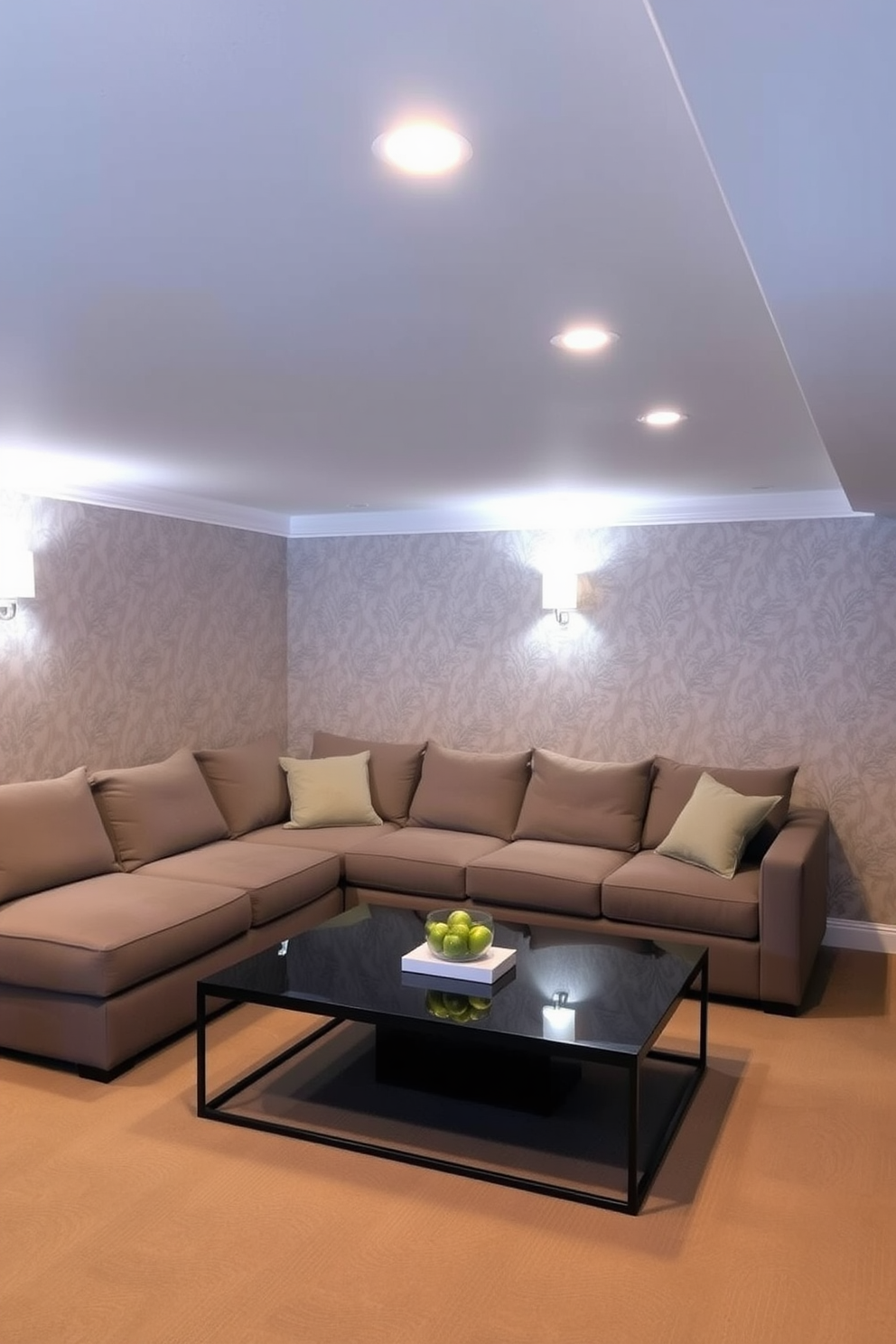 A finished basement designed for relaxation and entertainment. The walls are adorned with elegant wallpaper featuring a subtle floral pattern, creating a cozy yet sophisticated atmosphere. The space includes a comfortable sectional sofa and a sleek coffee table, perfect for gatherings. Soft lighting fixtures are strategically placed to enhance the inviting ambiance while highlighting the wallpaper's intricate details.