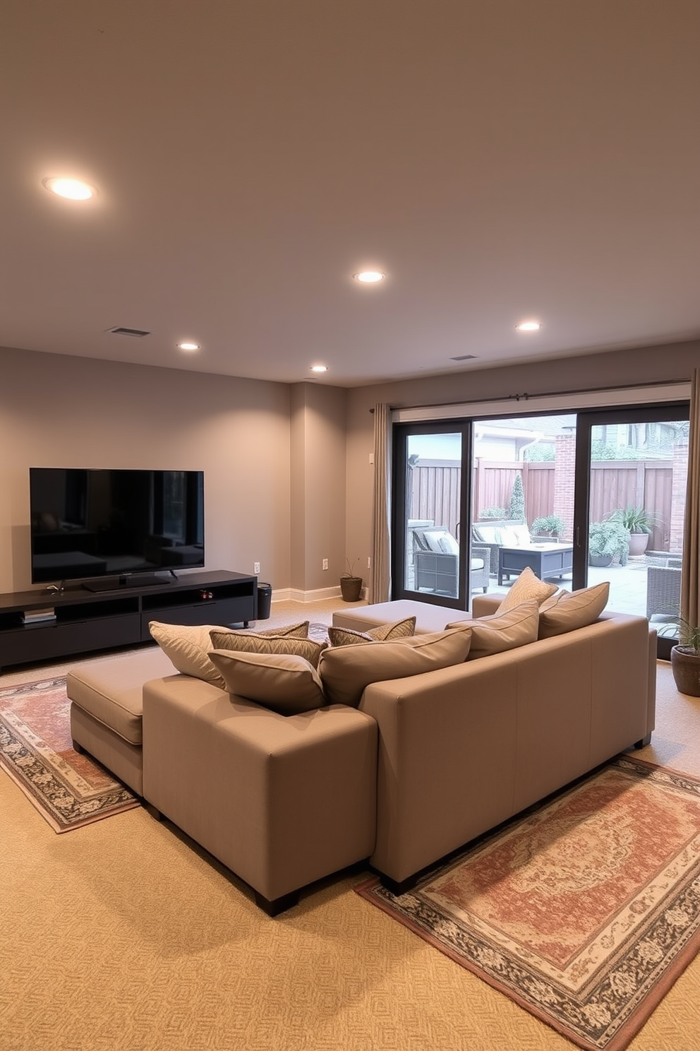 A cozy finished basement featuring a large sectional sofa in a neutral tone facing a sleek entertainment center. The space is illuminated by recessed lighting and has a warm color palette with soft area rugs adding texture. Outdoor access is provided by sliding glass doors that open to a charming patio area. The patio is adorned with comfortable seating and potted plants, creating a seamless transition between indoor and outdoor living.