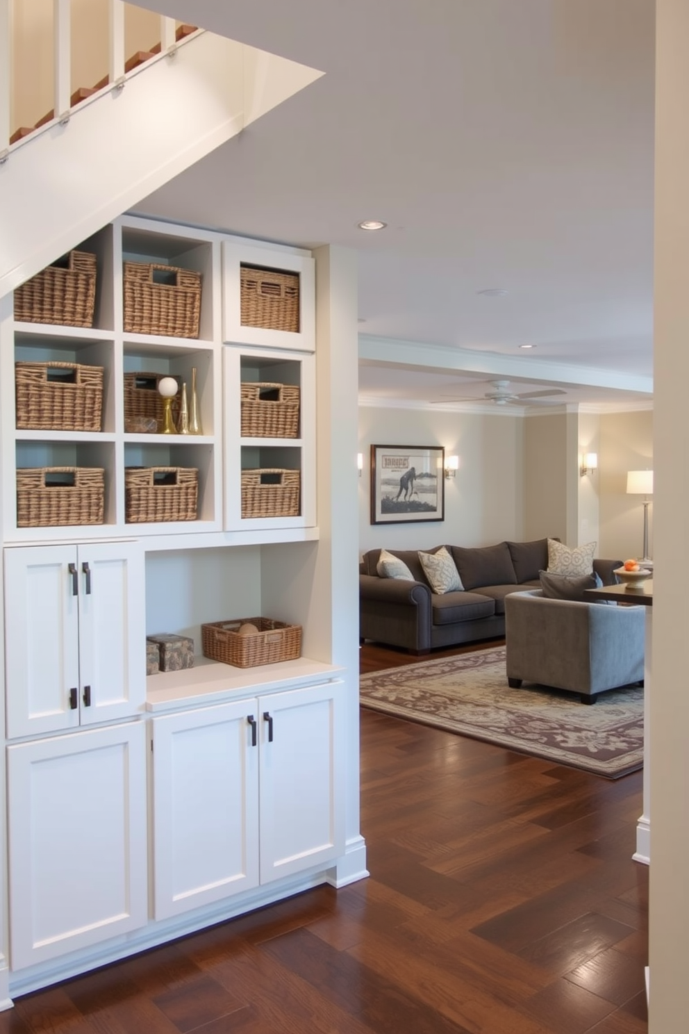 A well-designed space under the stairs features custom cabinetry with a mix of open and closed storage. The cabinetry is painted in a soft white finish, complementing the surrounding walls, while decorative baskets add a touch of warmth and organization. The finished basement is a cozy retreat with a comfortable sectional sofa and a large area rug that anchors the seating area. Soft lighting fixtures create an inviting atmosphere, and a small kitchenette with a bar counter enhances the functionality of the space.