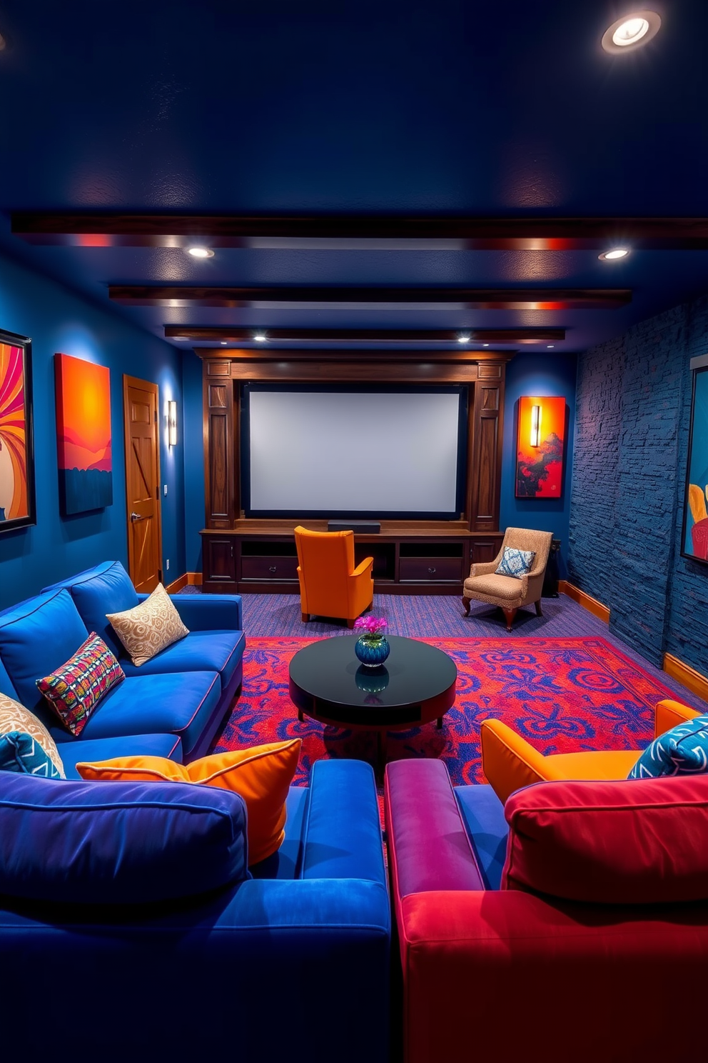 A bold color scheme featuring deep blues and vibrant oranges creates a lively and energetic atmosphere in the finished basement. Plush seating in bright hues is arranged around a striking coffee table, while colorful artwork adorns the walls to enhance the overall aesthetic. The space includes a home theater area with a large screen framed by rich, dark wood accents. Ambient lighting highlights the unique textures of the walls, which are painted in a daring combination of contrasting colors.