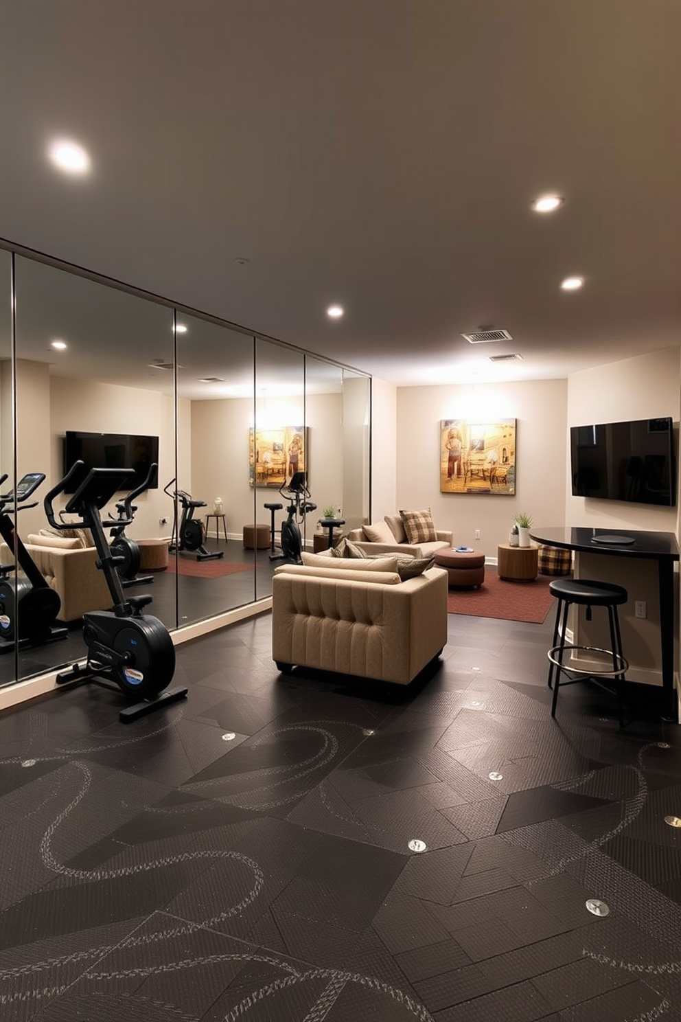 A modern gym featuring mirrored walls that reflect the sleek design of the space. The floor is covered in dark rubber tiles, and there are various exercise machines arranged neatly throughout the room. The finished basement is designed as a cozy entertainment area with plush seating and a large flat-screen TV. Soft lighting illuminates the space, while a small bar area is tucked into one corner, complete with stylish stools.