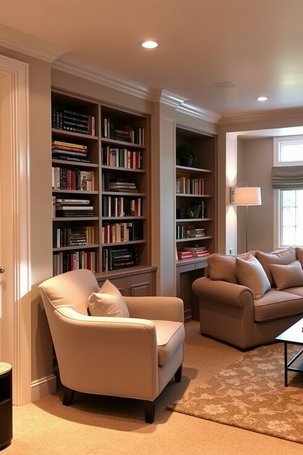 A cozy reading nook bathed in warm natural light. The space features a comfortable armchair upholstered in soft fabric, nestled beside built-in shelves filled with an array of books and decorative items. The finished basement design incorporates a spacious layout with a plush sectional sofa and a stylish coffee table. Soft ambient lighting highlights the entertainment area, creating an inviting atmosphere for relaxation and gatherings.