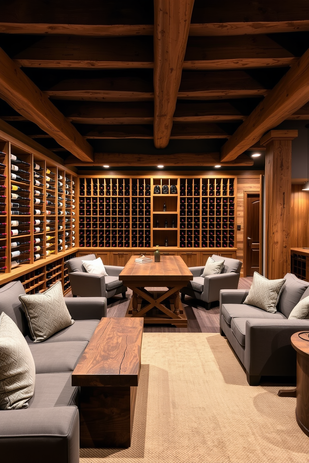 A rustic wine cellar featuring rich wooden accents and exposed beams creates a warm and inviting atmosphere. Rows of wine racks crafted from reclaimed wood line the walls, while a sturdy wooden tasting table sits in the center, surrounded by comfortable seating. The finished basement design incorporates a cozy lounge area with plush sofas and a rustic coffee table. Soft lighting illuminates the space, highlighting the natural wood finishes and creating a perfect setting for relaxation and entertainment.