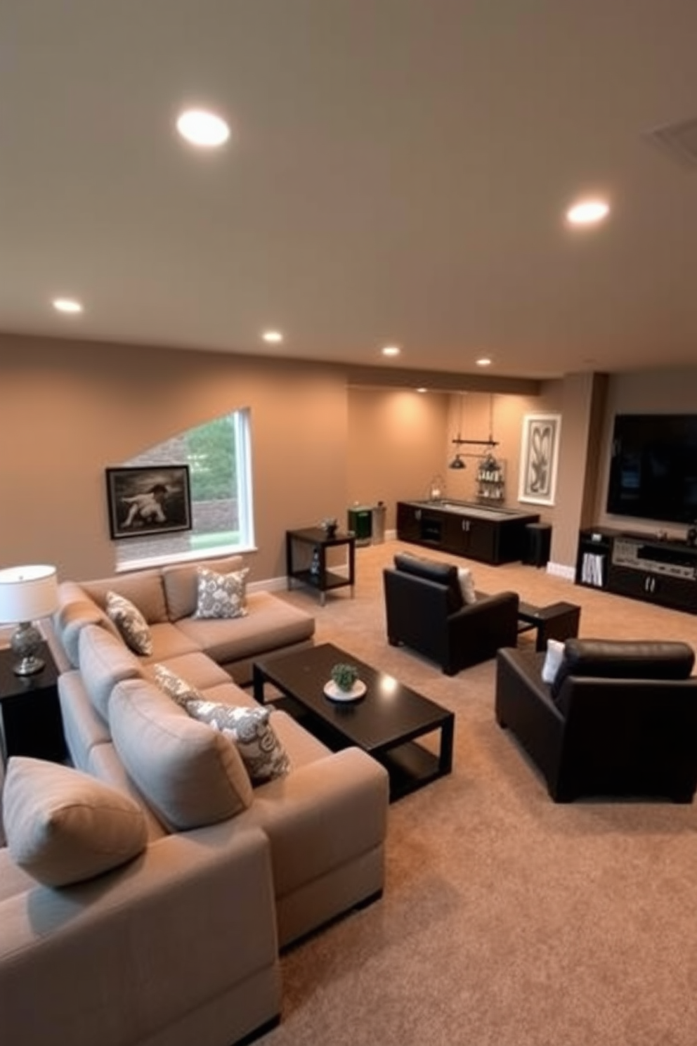 A cozy family room featuring a spacious sectional sofa arranged around a sleek coffee table. The walls are painted in a warm beige tone, and large windows allow natural light to fill the space. In the finished basement, there is a home theater area with plush seating and a large screen. The decor includes soft lighting, a mini bar, and a game corner with a pool table.