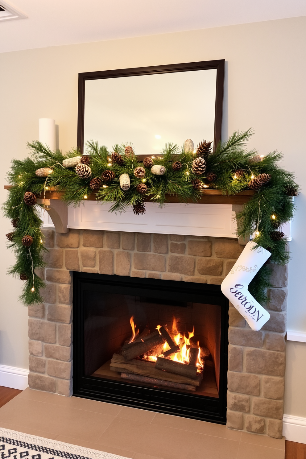 A rustic wooden garland adorned with pinecones drapes elegantly across the mantelpiece. The warm glow of the fireplace enhances the cozy atmosphere, creating a perfect backdrop for festive Christmas decorations.