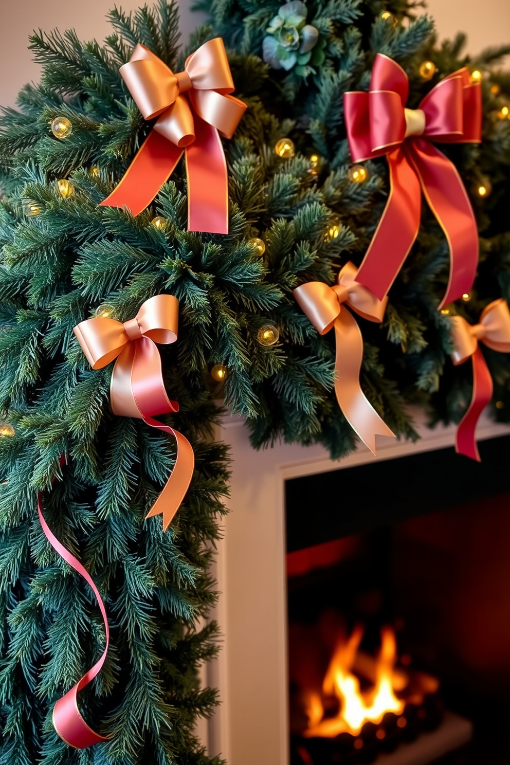 Layered garlands adorned with elegant ribbons and bows create a festive atmosphere. The rich green of the garlands contrasts beautifully with the warm glow of the fireplace, enhancing the cozy holiday spirit.