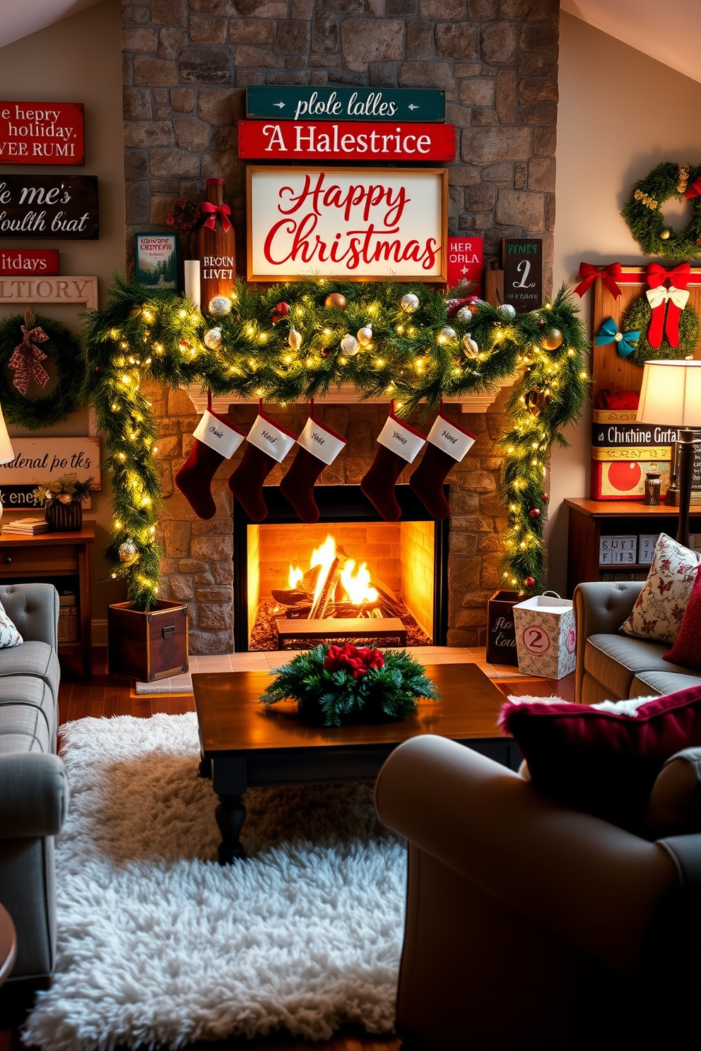 A cozy living room adorned with festive signs that convey cheerful holiday messages. The fireplace is beautifully decorated with garlands of pine, twinkling fairy lights, and stockings hanging from the mantel. The walls are adorned with vibrant holiday-themed artwork and wreaths. A plush rug lies beneath the coffee table, surrounded by comfortable seating that invites family and friends to gather and celebrate the season.